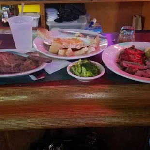 Prime rib, crab dip, and strip