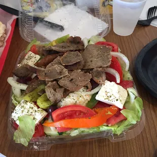 Greek salad with gyro meat added. The large was enough for three people!