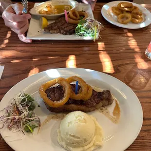 NY strip steak, side of garlic mashed potatoes