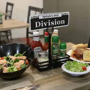 Our House salad with Grilled Shrimp and our Homemade Spaghetti &amp; Meatballs!