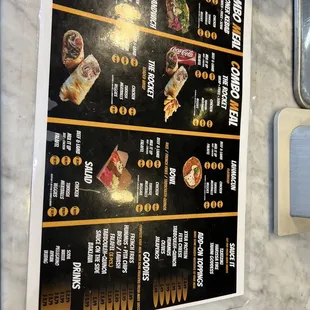 a menu on a wall