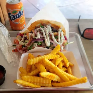 Beef and lamb combo meal with fries and a drink (glasses not included )