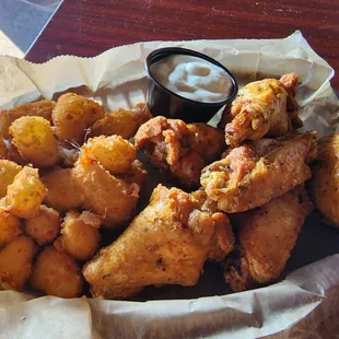 Good wings (Bayou Rub) and cheese curds.