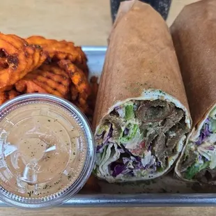 Mediterranean Wrap and Sweet potato fries