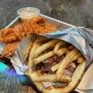 Gyro with sweet potato waffle fries
