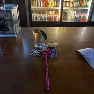 a pickle on a bar table