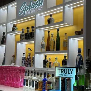 a variety of liquor bottles