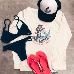 Posh Pua bikini, Project Aloha sweater + hat, + Malvados slippers