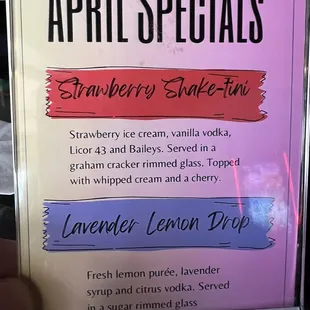 April Martini Specials table top menu
