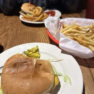 Burgers, fries and onion rings