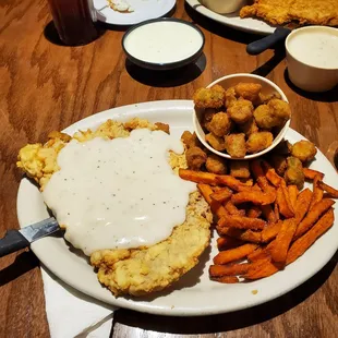 Chicken fried steak, fried Okra, sweet potato fries