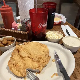 Chicken fried chicken and gravy, fried okra, coleslaw