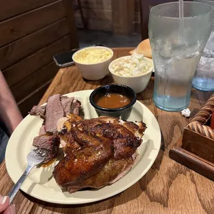 Bbq chicken and brisket, coleslaw, and potato salad