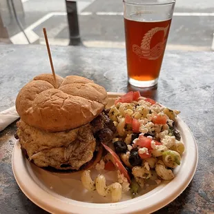 Wake &amp; Bake burger with Greek pasta salad