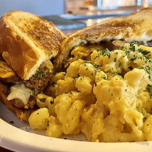 Patty melt with side of Mac n cheese