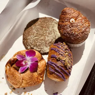 Matcha Sugar Cookie, Thai Tea Cruffin, Bananas Foster Galette, Ube Brioche loaf with pistachios