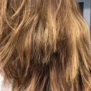 About a week after the haircut, hair dried naturally. Super choppy, uneven layers.