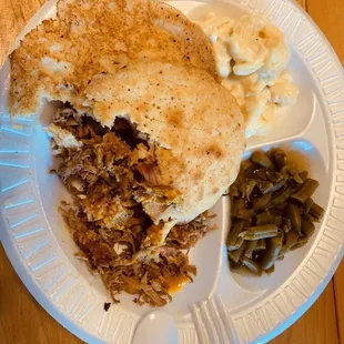 Chopped pork dinner, green beans, and Mac &apos;n cheese