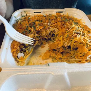 Pigtato - mashed potatoes, chopped pork, cheese, BBQ chips and chives
