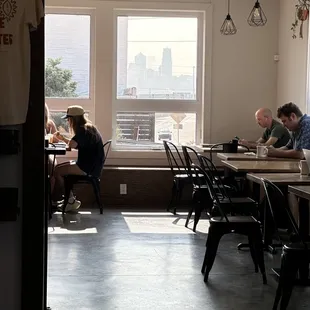 Inside view with cityscape behind