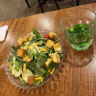 Side salad with a shot of Midori.