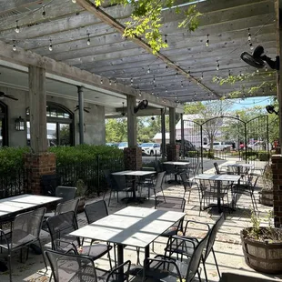 a patio with tables and chairs