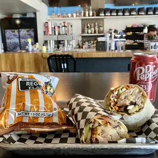 This is the Thai wrap with a side of chips and a Dr. Pepper.