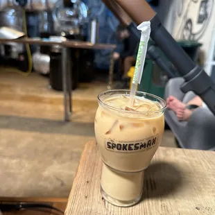 Iced caramel latte with Peruvian espresso