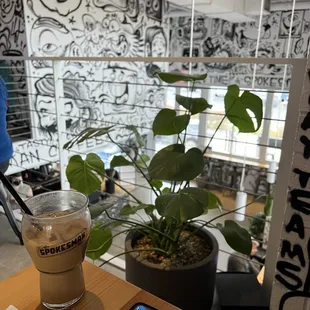 Iced caramel latte in the upstairs area.