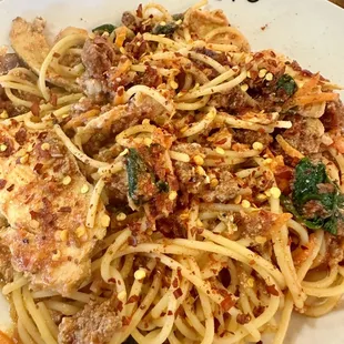 Spaghetti, meat sauce and spicy :)