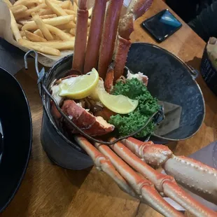 Lobster crab bucket and side fries