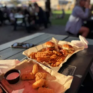 Macaroni and cheese bites and Nashville Hot chicken sliders