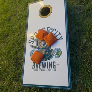 Cornhole board kept out at the brewery