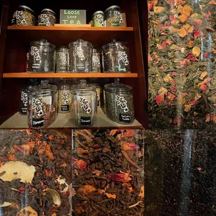a shelf full of teas