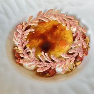 Creme brûlée w. rhubarb, white chocolate crémeux, ginger granita &amp; macadamia