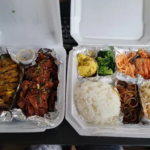 Meat jun and spicy pork. Comes with 6 different side dishes (banchan)