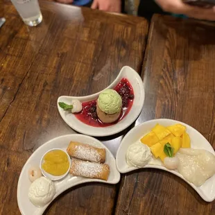 Blueberry spring rolls, green tea ice cream.