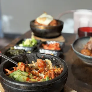 Spicy pork sizzling bowl; I opted for no rice to cut carbs, topped with a sizzling egg and some red sauce.. bomb