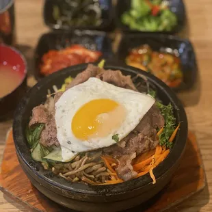 Dolsot bibimbop w bulgogii.  Comes out piping hot. Let it sit for a bit to let the rice get crispy.