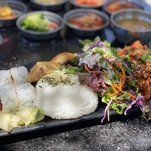 Bento with Spicy Pork + Spicy Tuna Rolls