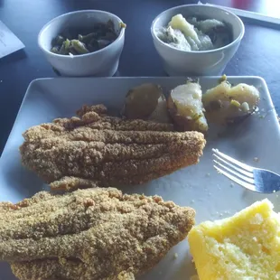 Southern fried catfish real mashed potatoes string beans and cornbread yum