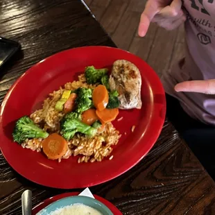 Grilled chicken with apple mushroom sauce and sides