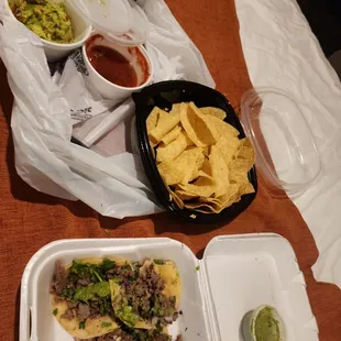 My Carne asada tacos chips salsa n guacamole