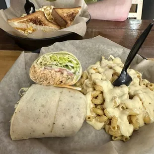Buffalo Chicken Wrap with a side of bacon Mac and cheese.