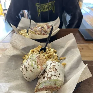 Buffalo Chicken Wrap and side of bacon Mac and cheese.