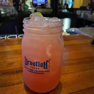 a drink in a mason jar