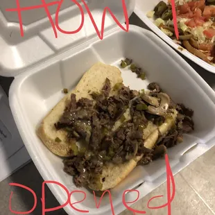 Philly beef steak sandwich. This is how I opened it when I got home (a few min from location). It's just "meat" and some mushrooms.