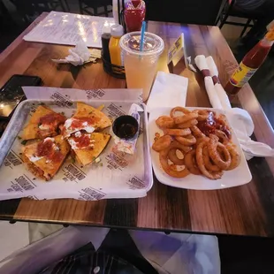 Onion rings, chicken quesadilla, and an Arnaldo palmer