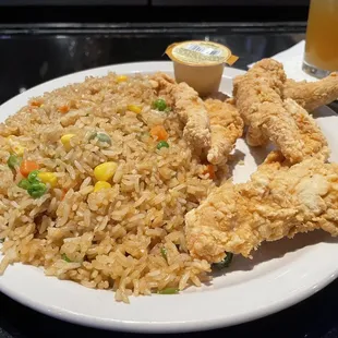 Fried rice and chicken strips