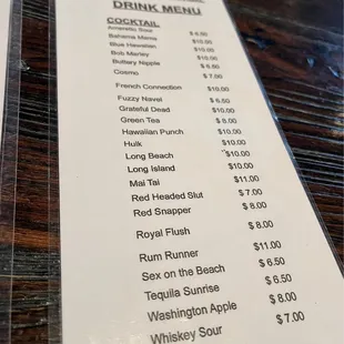 menu and price list